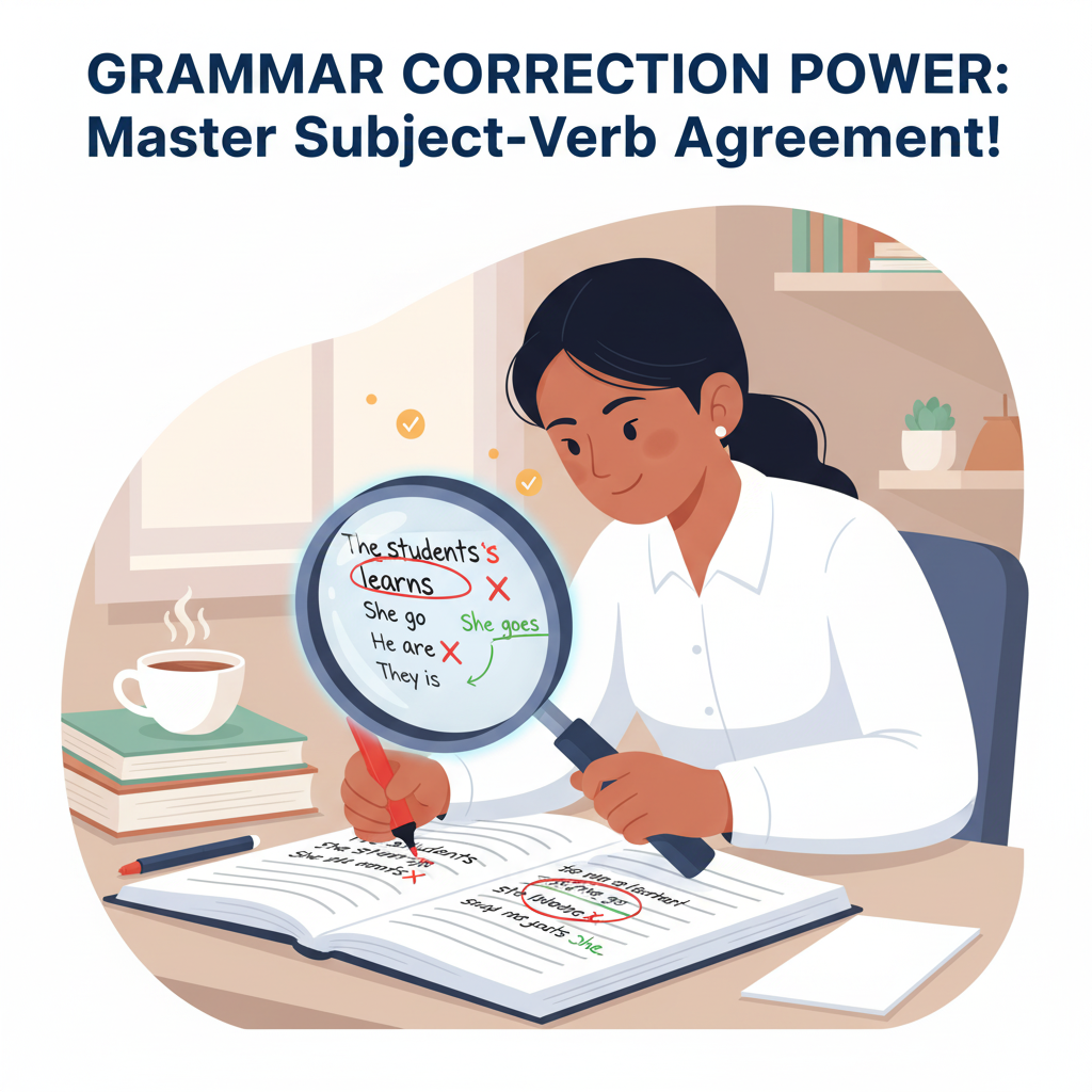 A student checking a sentence under a magnifying glass, highlighting mismatched subjects and verbs in red, symbolizing grammar correction power. How to Master Subject-Verb Agreement for Band 8+ Accuracy