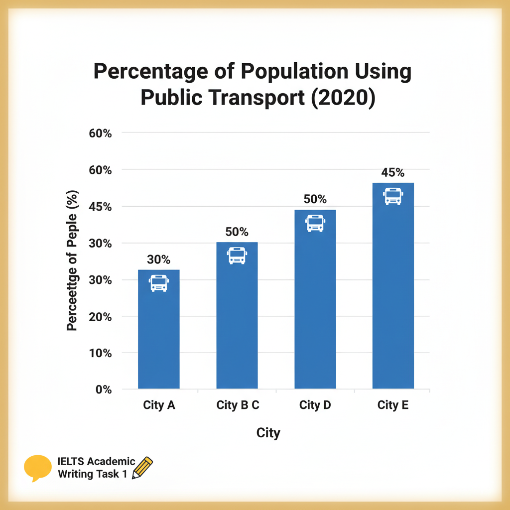 The bar chart shows the percentage of people using public transport in five cities in 2020.