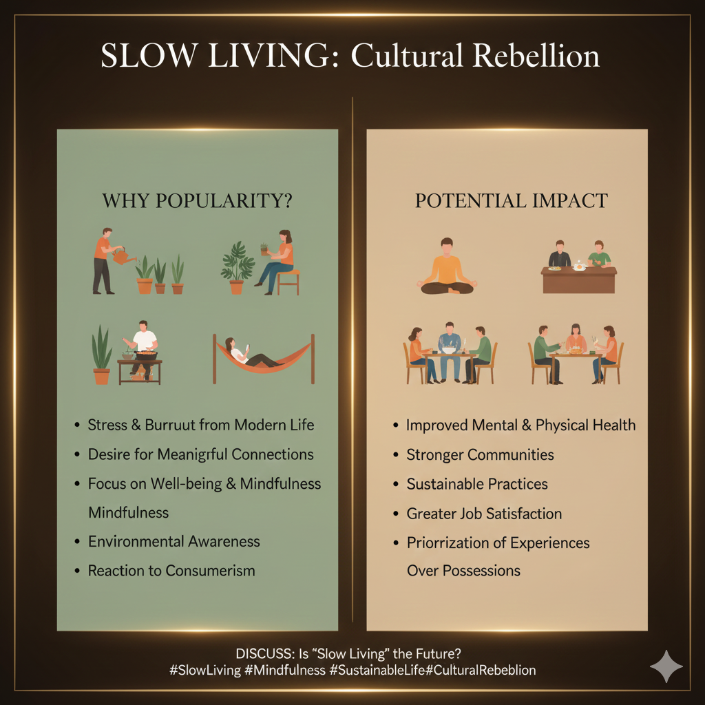 Slow living is a cultural rebellion against modern busyness. Why is this movement gaining popularity What impact might it have