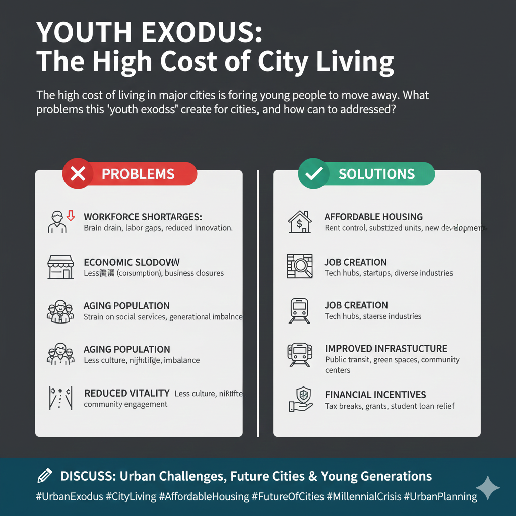 The high cost of living in major cities is forcing young people to move away. What problems does this youth exodus create for cities, and how can it be addressed