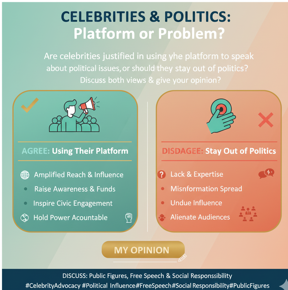 Some argue that celebrities are justified in using their platform to speak about political issues, while others believe they should stay out of politics. Discuss both views and give your own opinion.